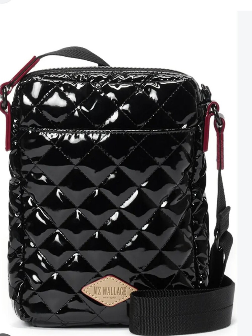 MZ Wallace Quilted Patent Metro Crossbody in Black with Red Accents Nwt